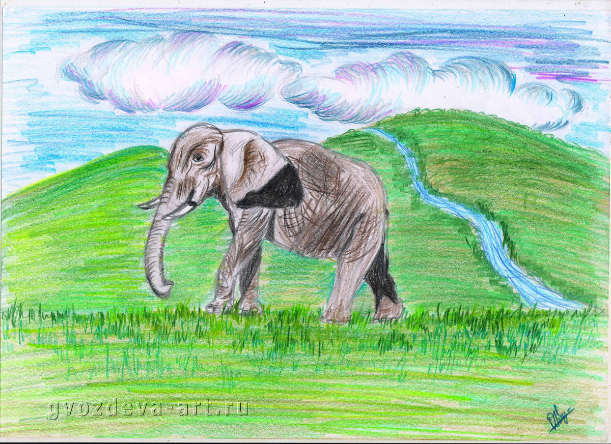 Рисунок слона/Акварельные карандаши